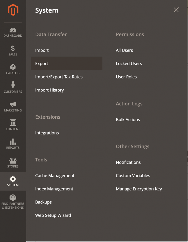 Magento v2 - System - Export - prepare for Shopify import
