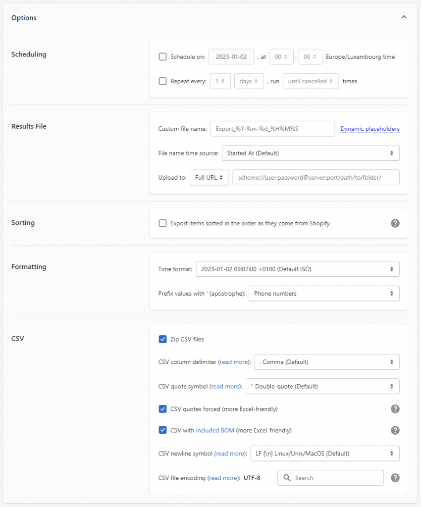 Matrixfy Export Job Options - Shopify app schedule customize export CSV Excel XLSX