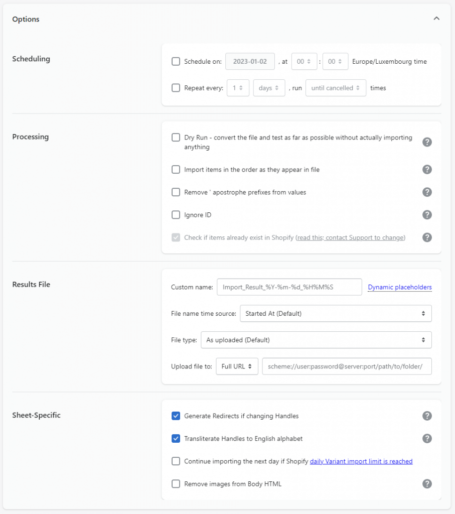 Matrixfy Import Job Options - Shopify app schedule customize import CSV Excel XLSX