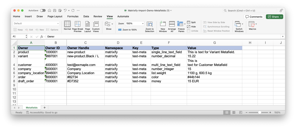 Matrixify Metafields entity import sheet bulk import metafields