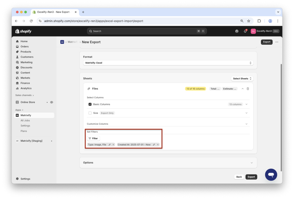 Matrixify UI - use multiple combined filters in the same entity export for Shopify data export with Matrixify