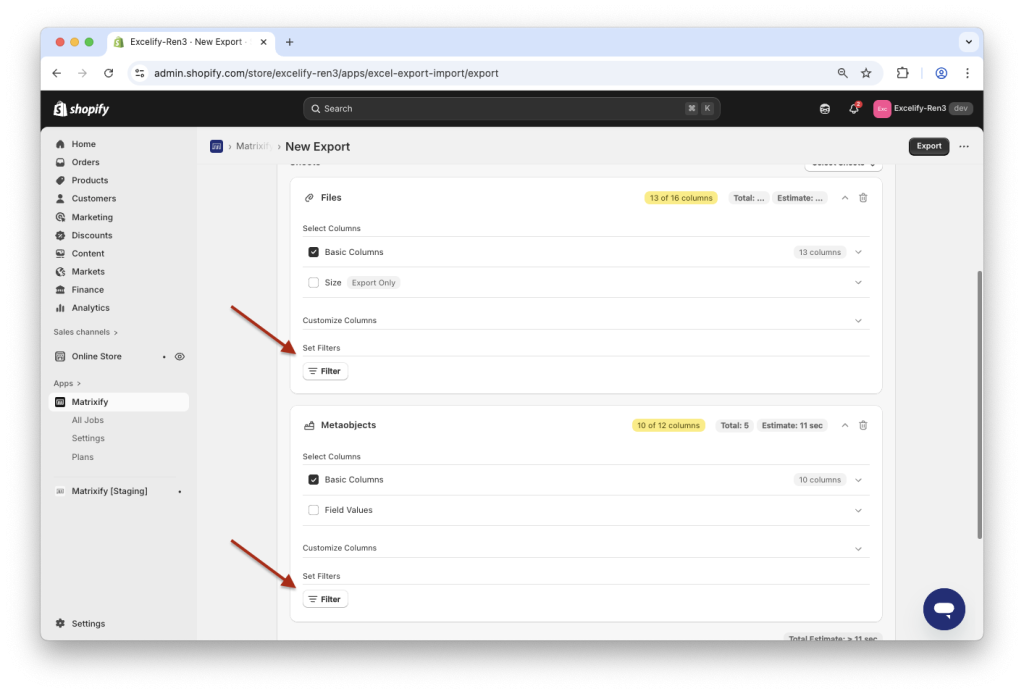 Matrixify UI - where to locate Export Filters