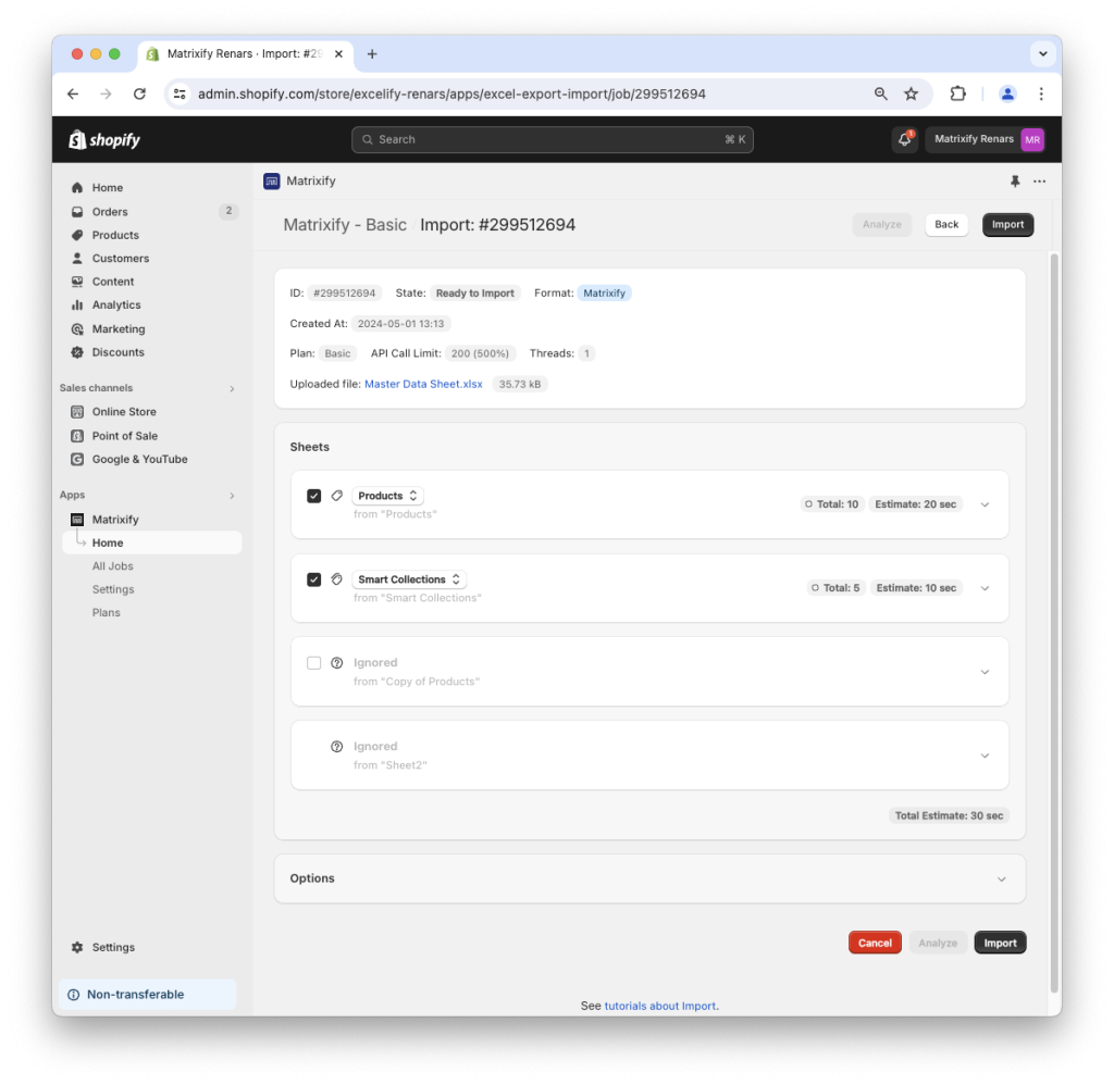 Matrixify app - Shopify data import, bulk update create delete replace migrate