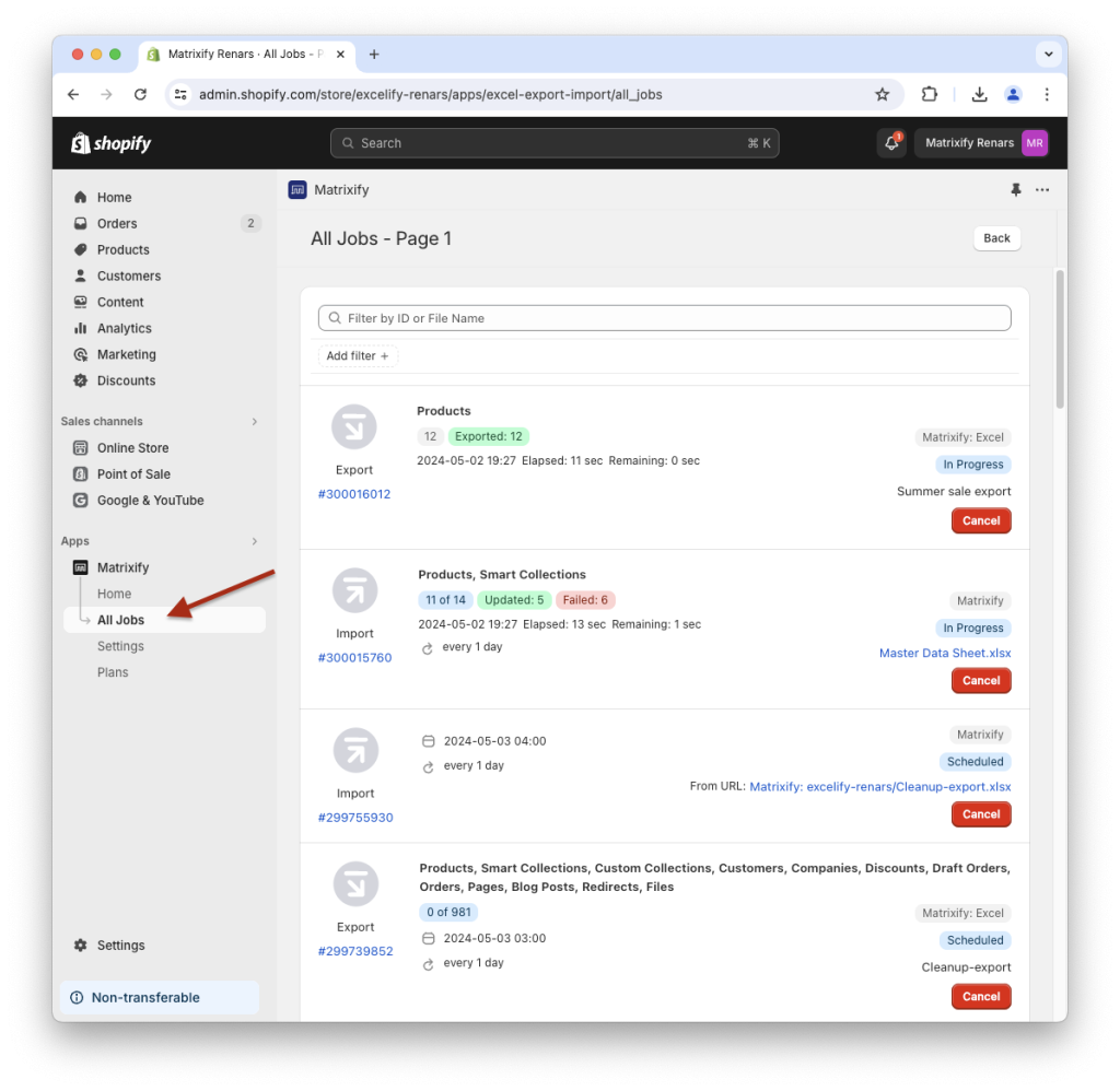 Matrixify app - Shopify data import export migrate All historic current jobs