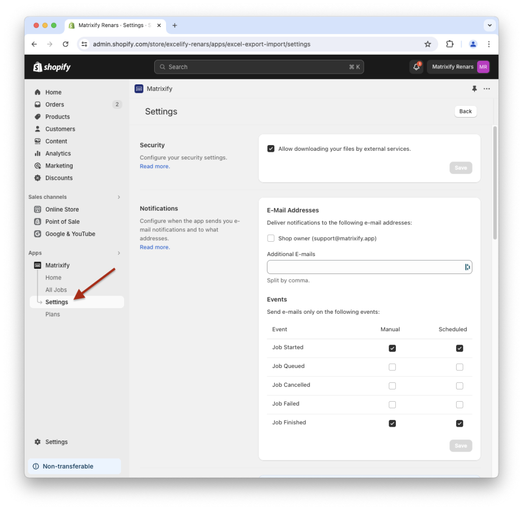 Matrixify app - bulk import export Shopify data migrate App Settings