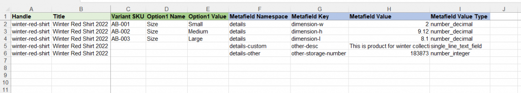 Metafields by row - Transporter Shopify Matrixify Excel XLSX CSV