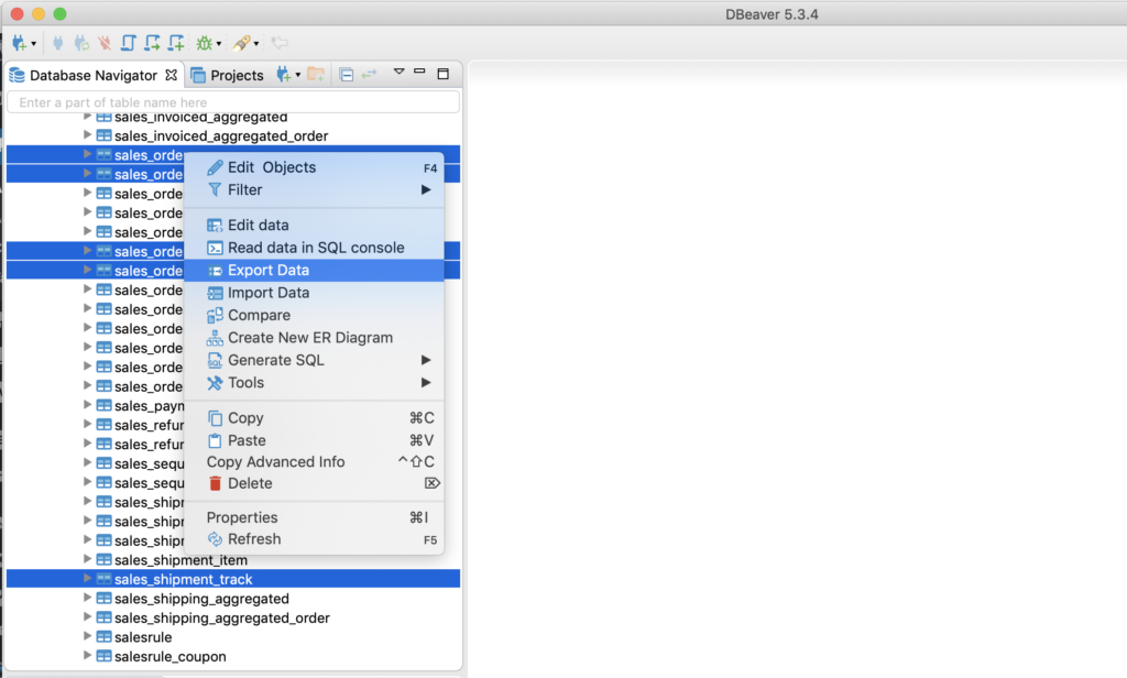 Migrate Magento to Shopify - 1.3.2. Select tables, right-click and select the Export Data