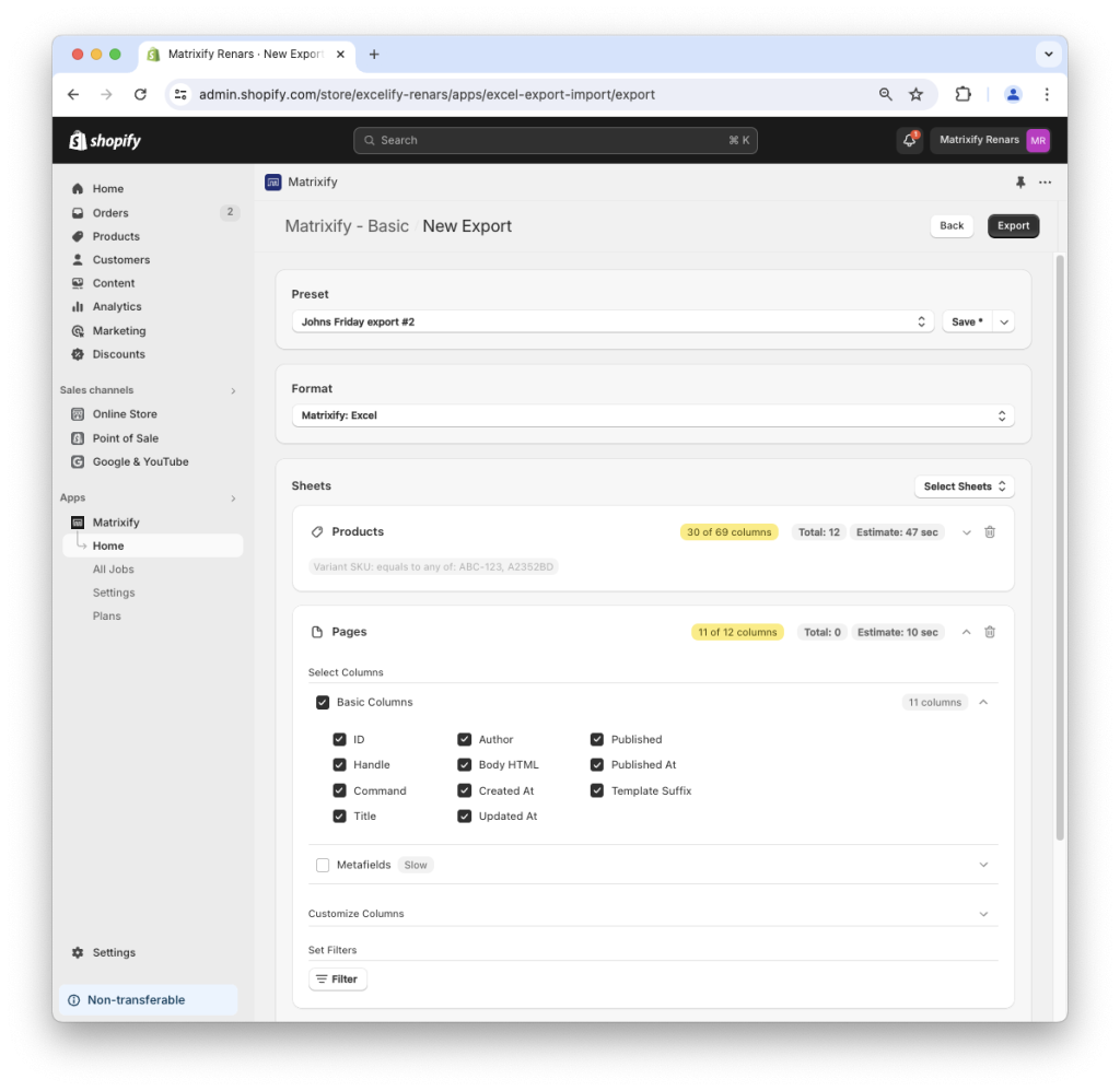 New Shopify Data export set up details columns filters options format