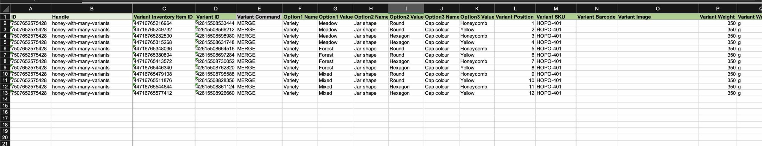 Only columns required to add new Variants