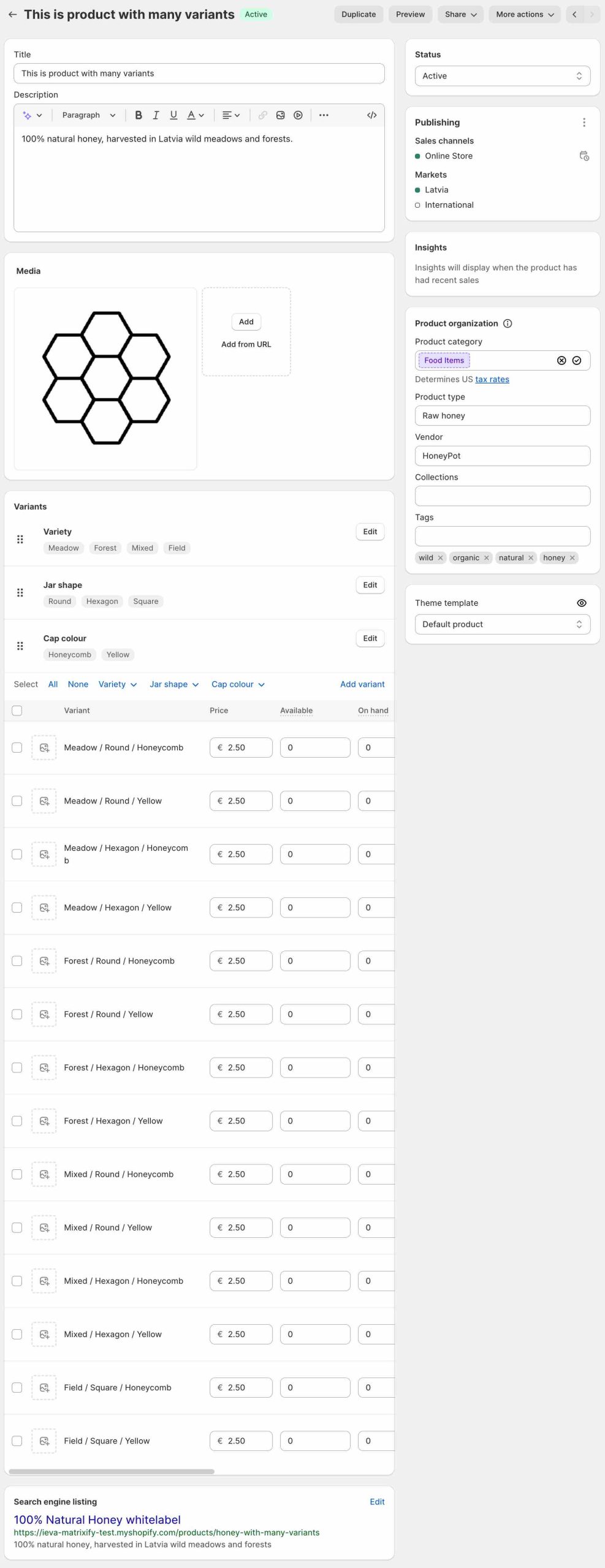 Product with 14 Variants in Shopify Admin