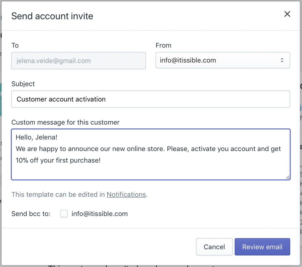 Send account activation email in Shopify