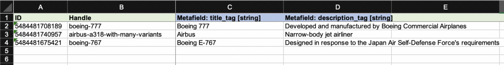 Bulk update Shopify SEO Title and Description Metafields CSV Excel Matrixify