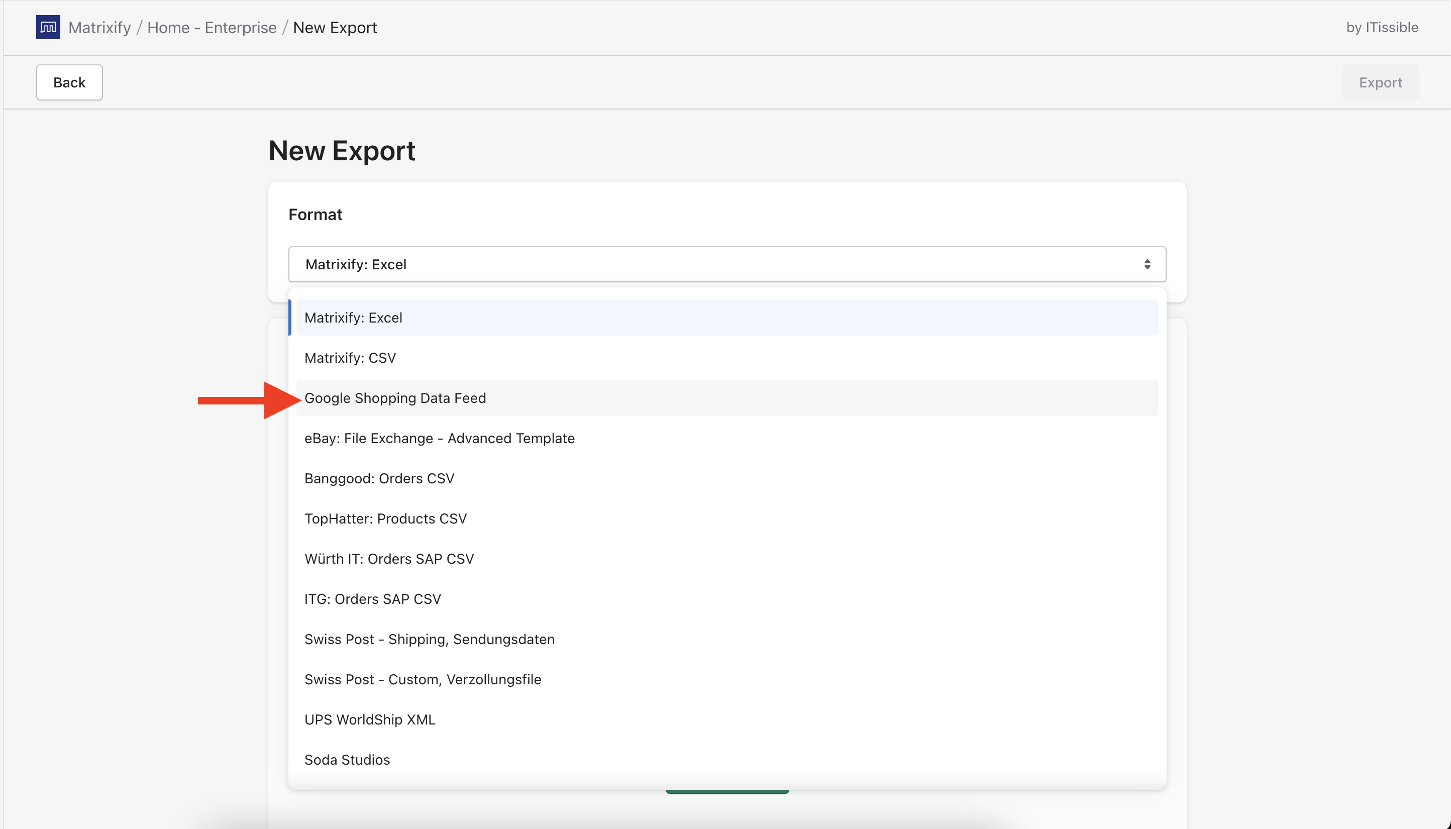Select "Google Shopping Data Feed" for Export