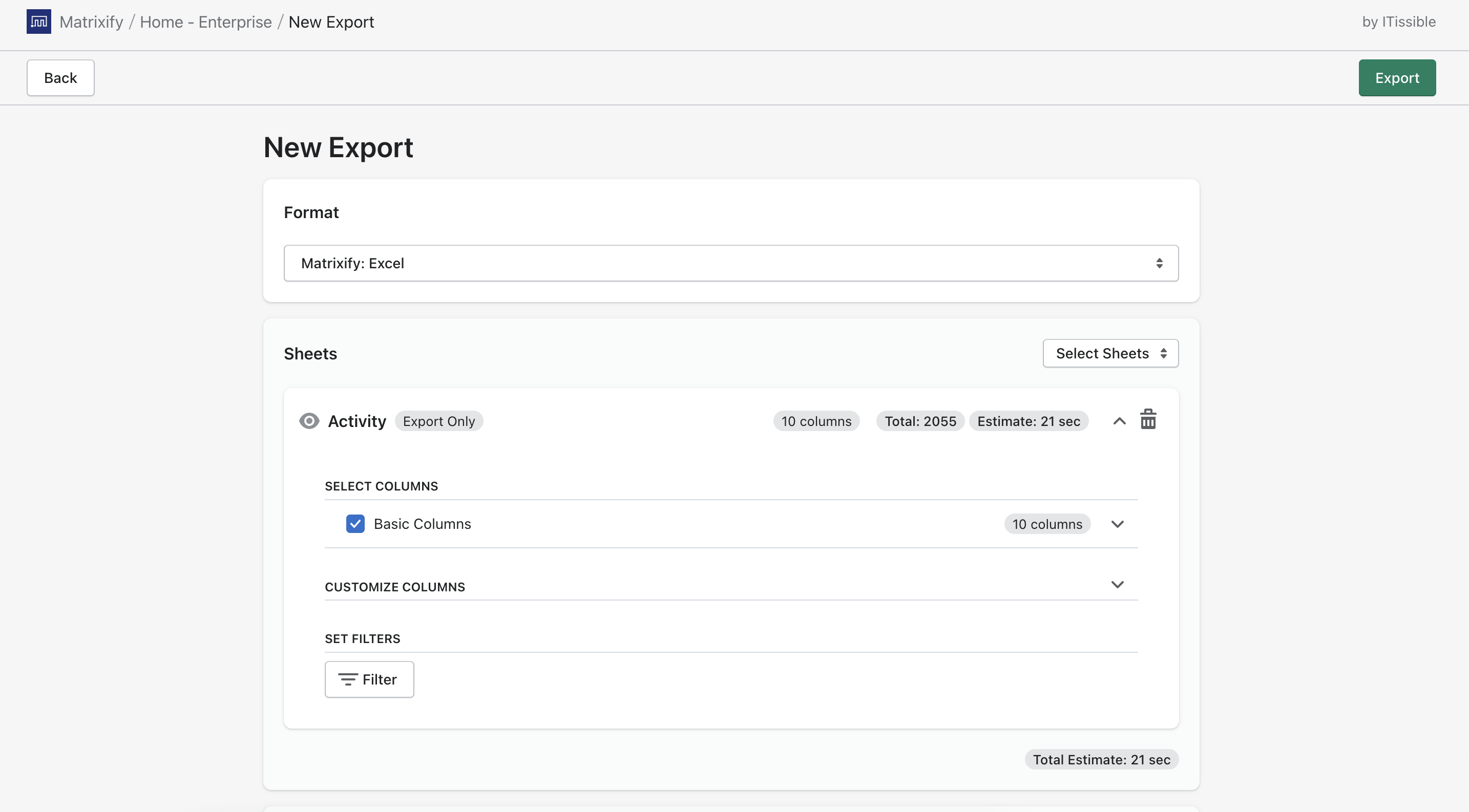 Activity checkbox selected to Export
