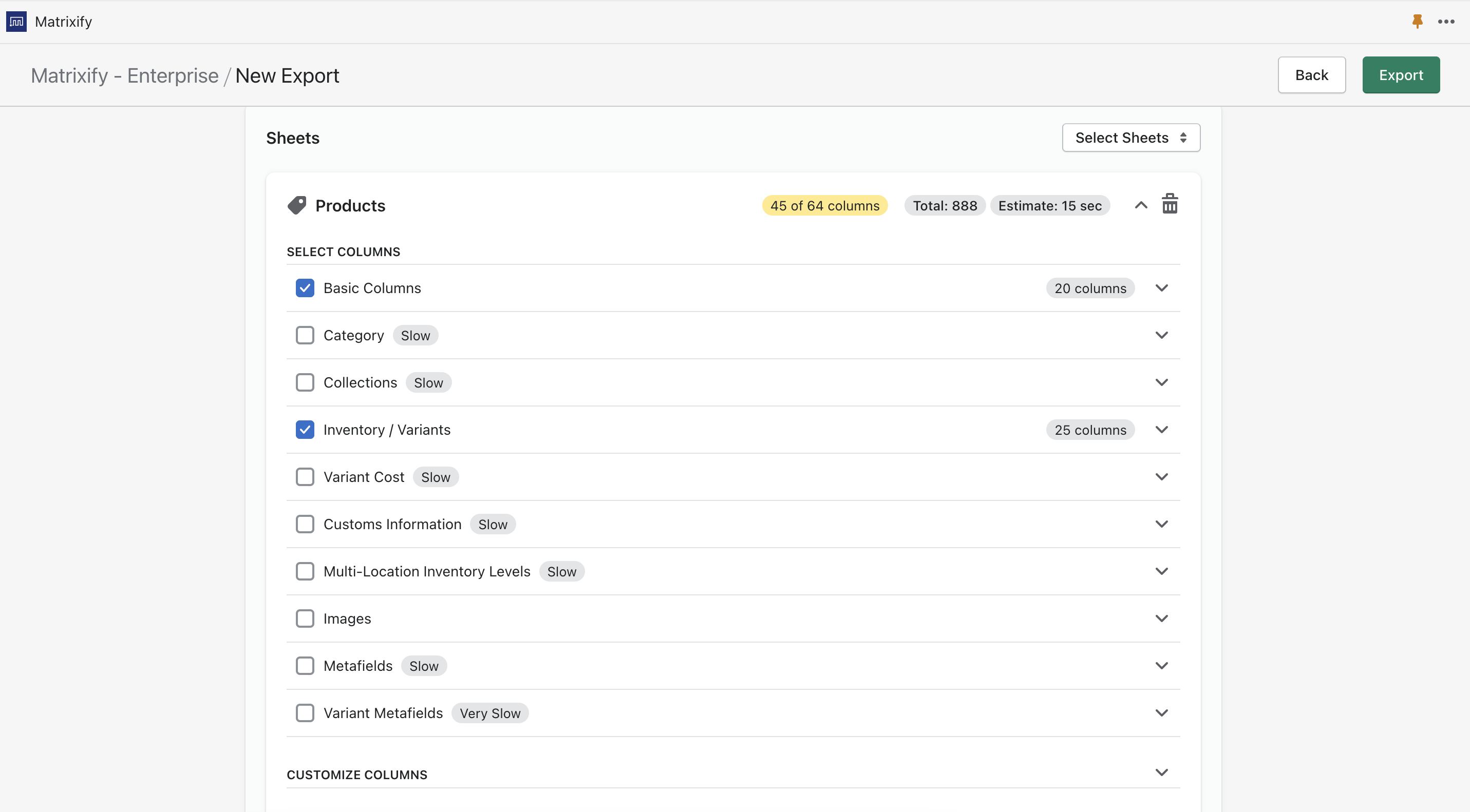 Exporting Basic Columns and inventory/variants