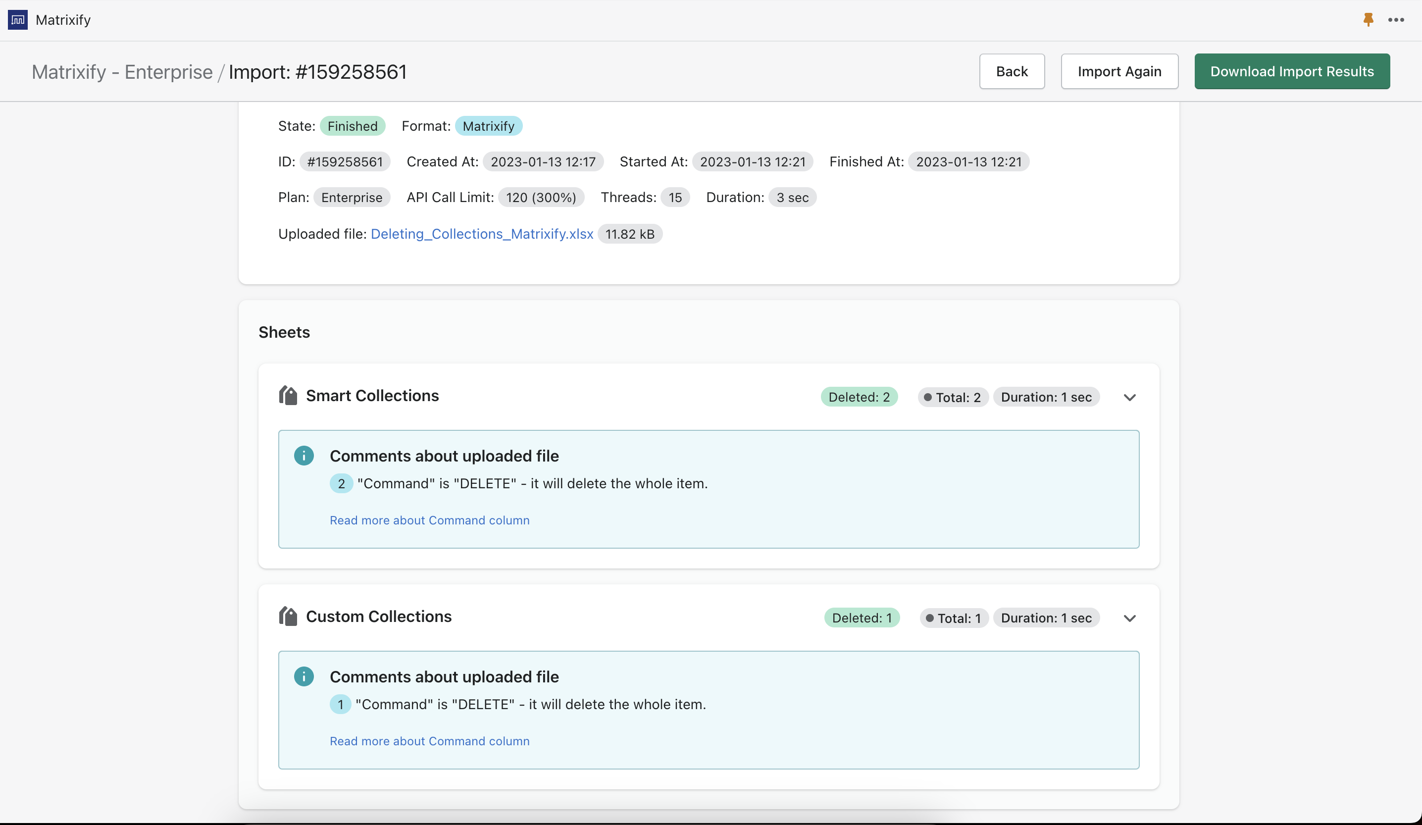 Smart and Custom Collection delete import successfully completed 