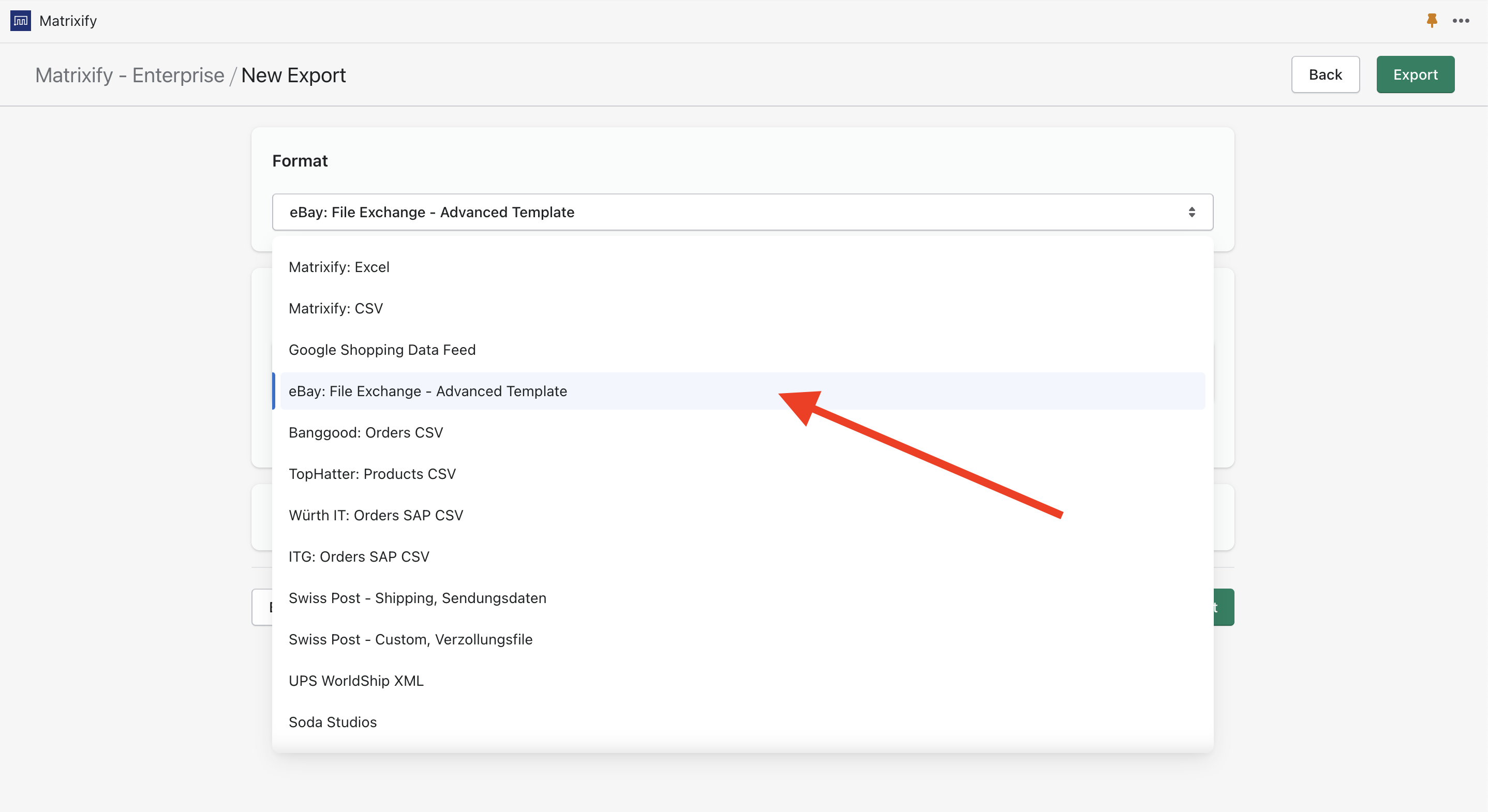 eBay Export format selection from "Format" drop-down