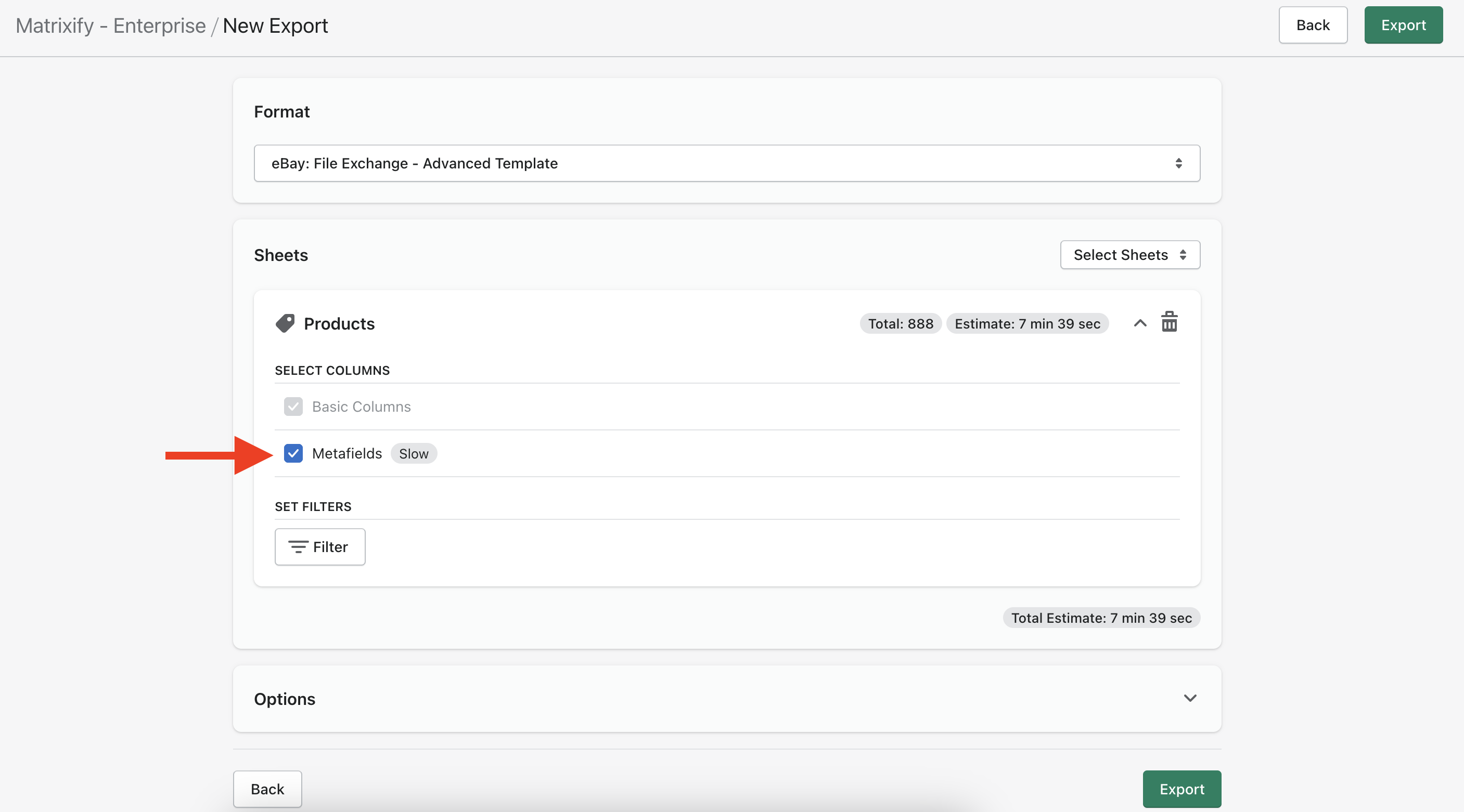 Select Metafields to be Exported for eBay format