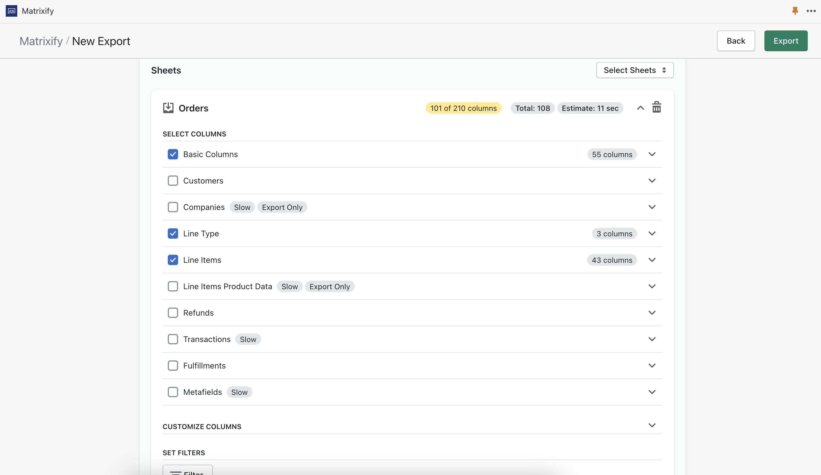 Exporting Line Item Properties with the Matrixify app