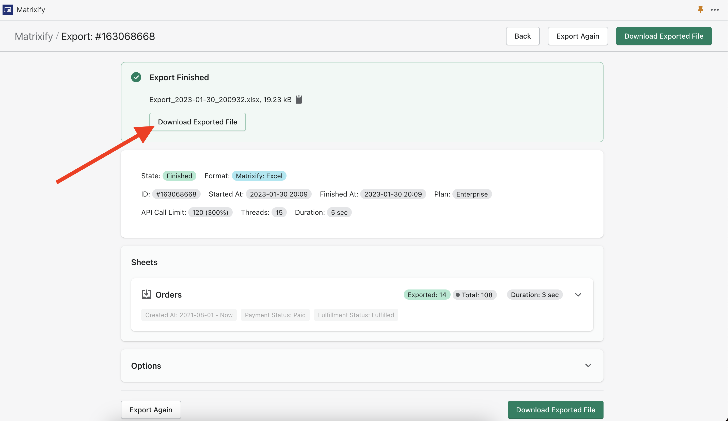 Download Exported Orders file from Matrixify