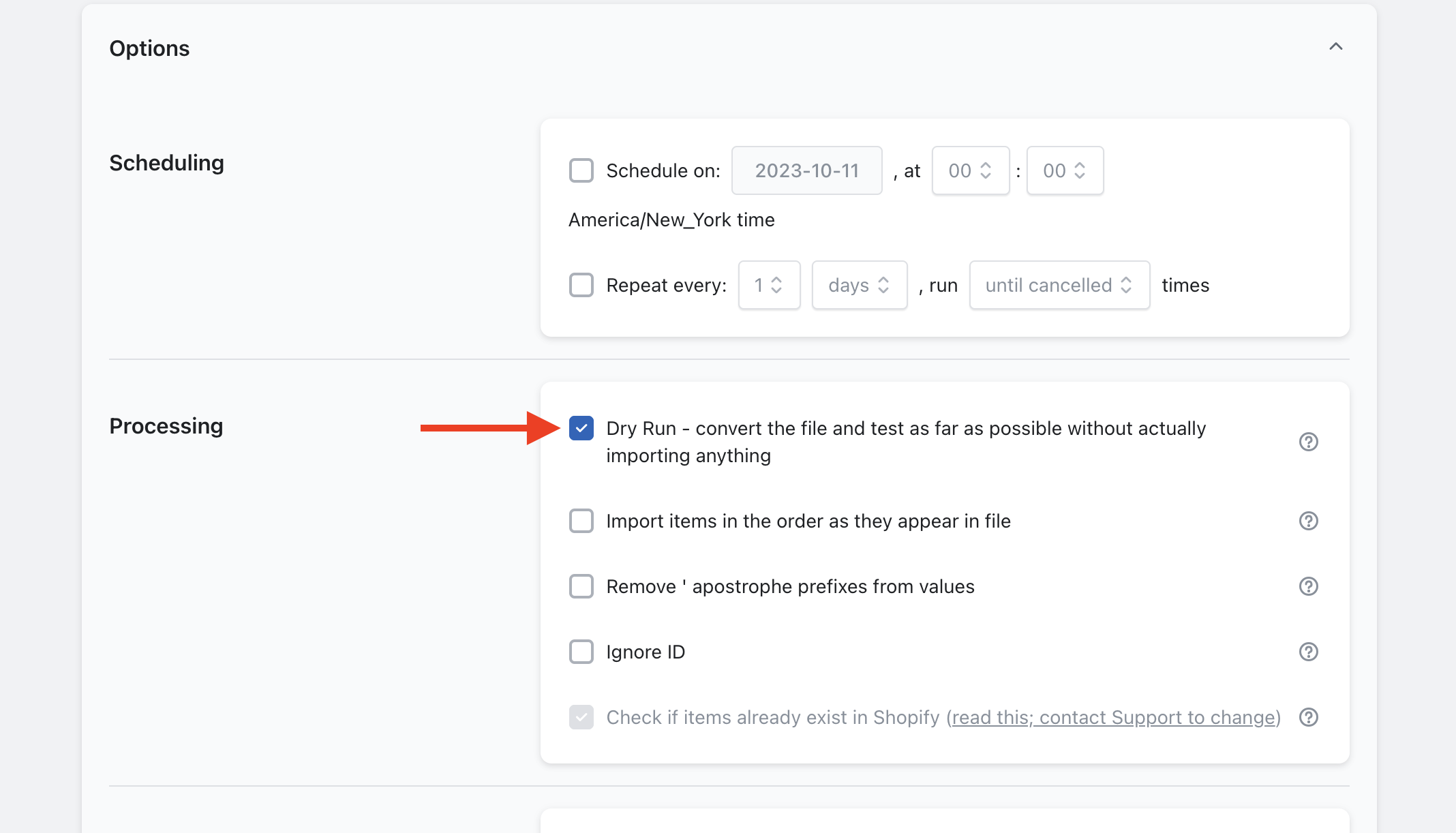dry-run option selection for Banggood Product file Import