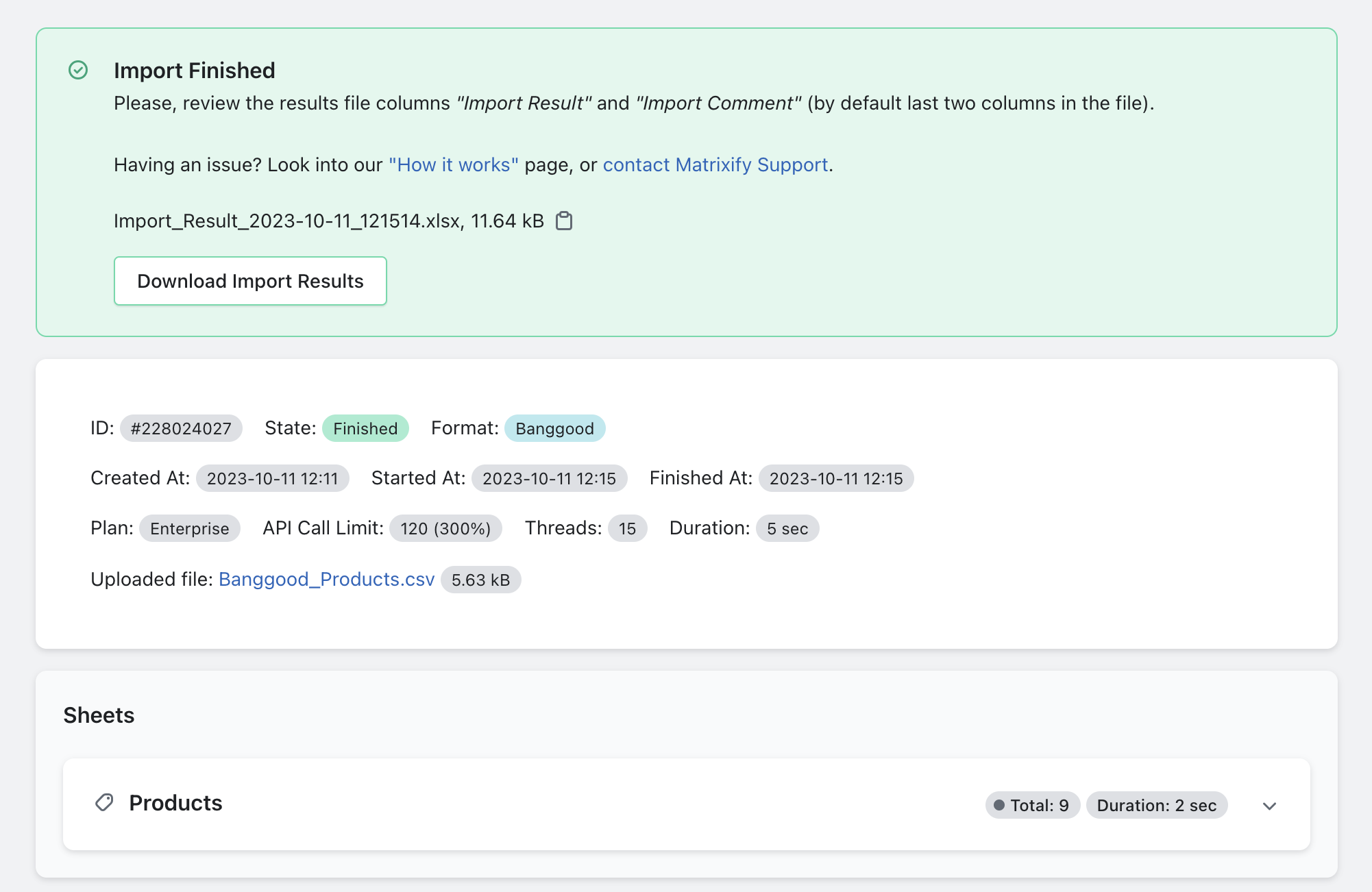 Dry-run file Import from Banggood completed