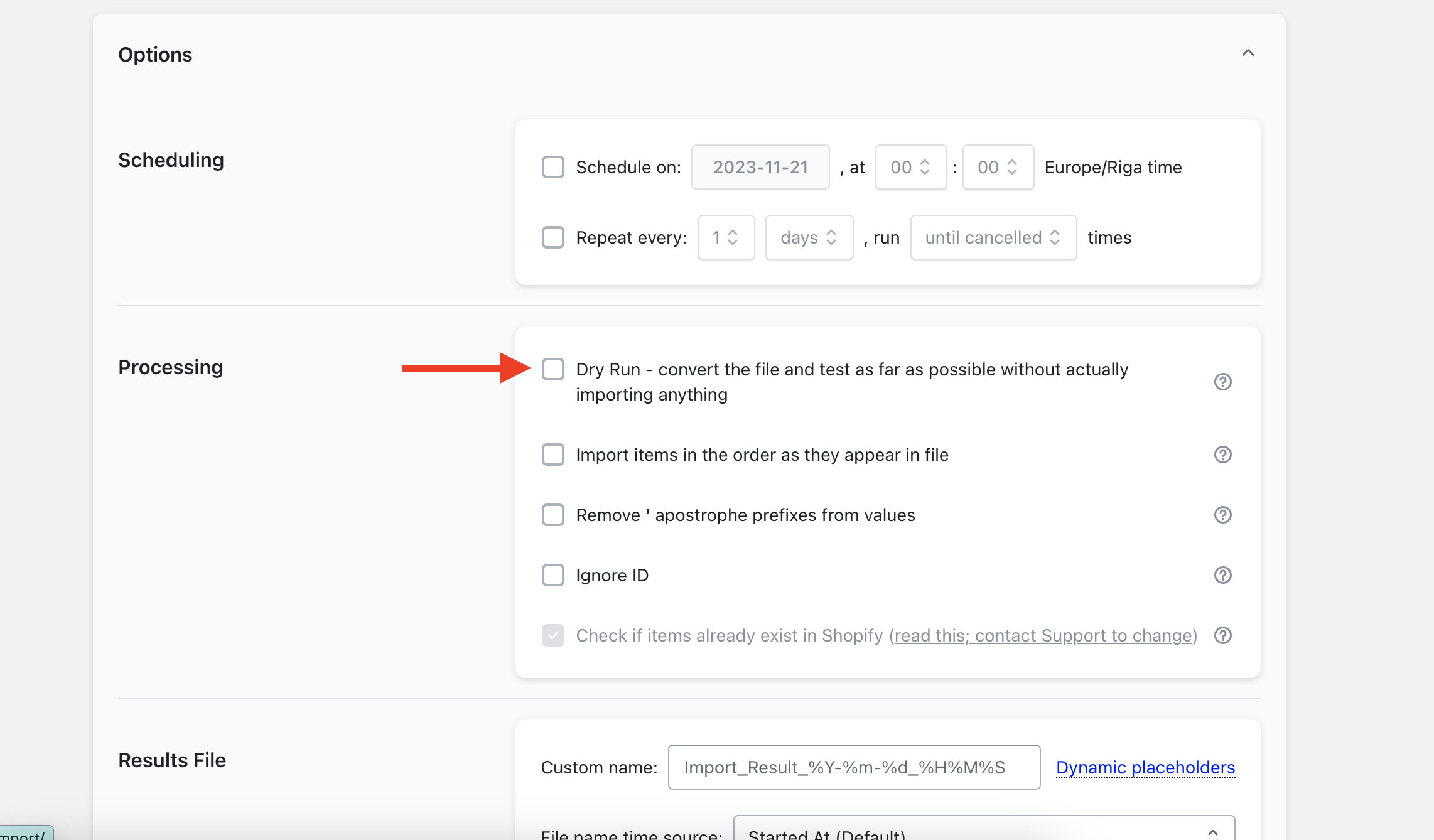 Options Sections with dry-run arrow