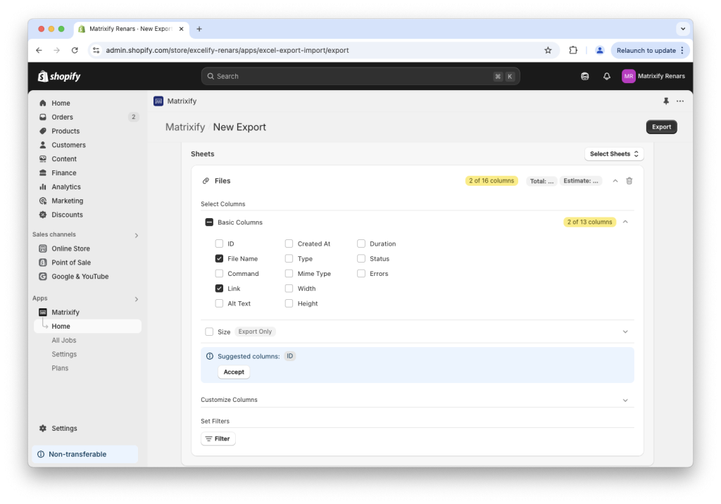 Export Files to Download Links from Shopify store using Matrixify