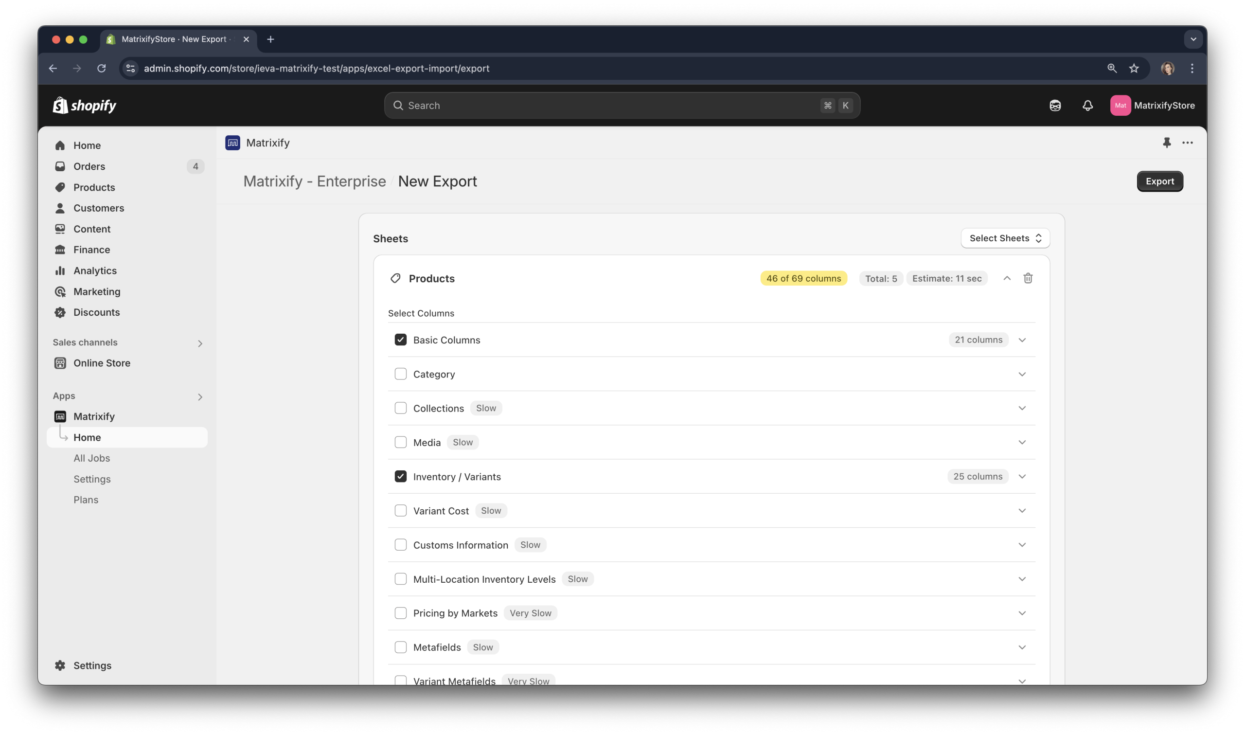 Basic Columns and Variant Inventory Checkboxes checked