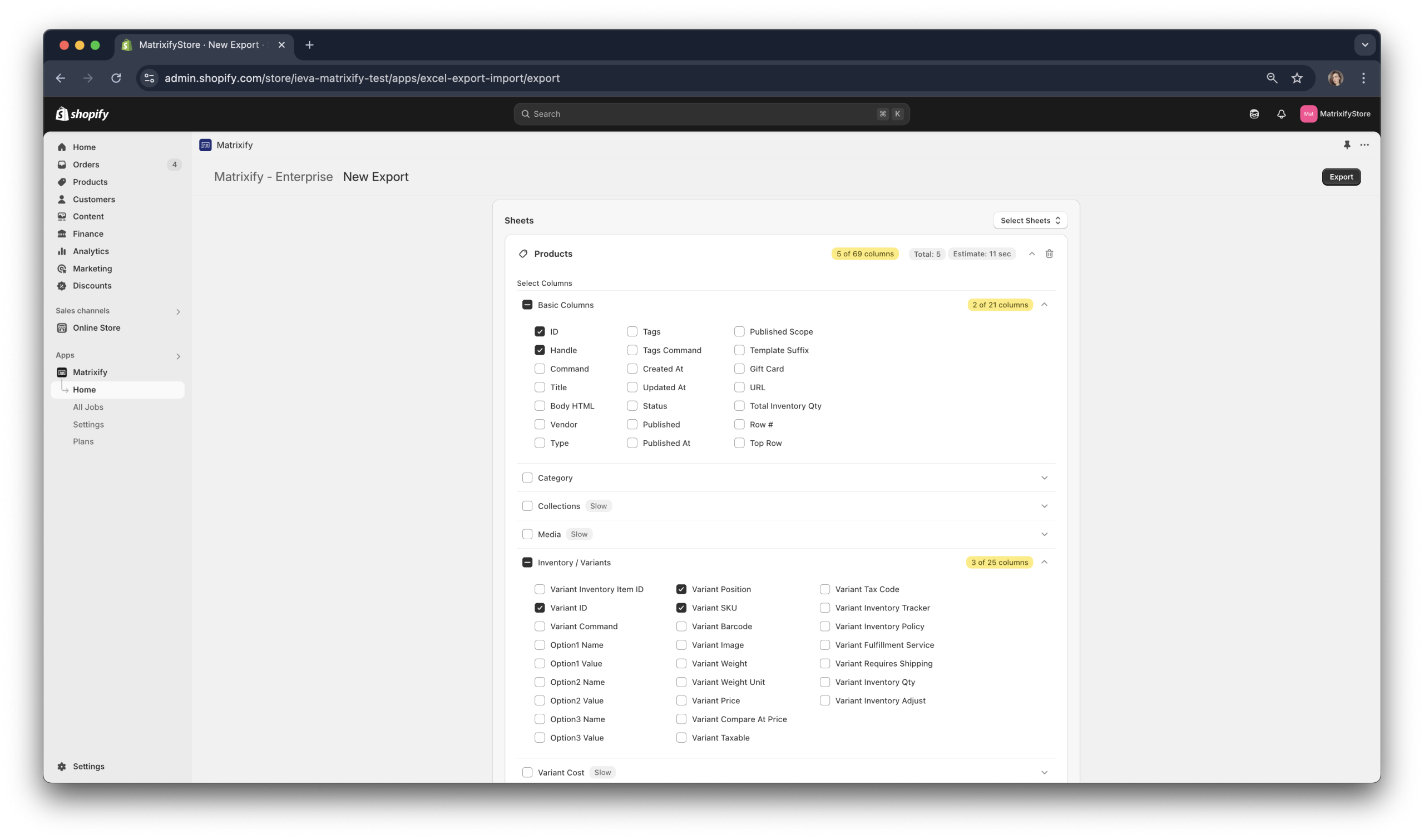 Basic columns and Variant Inventory column drop-down