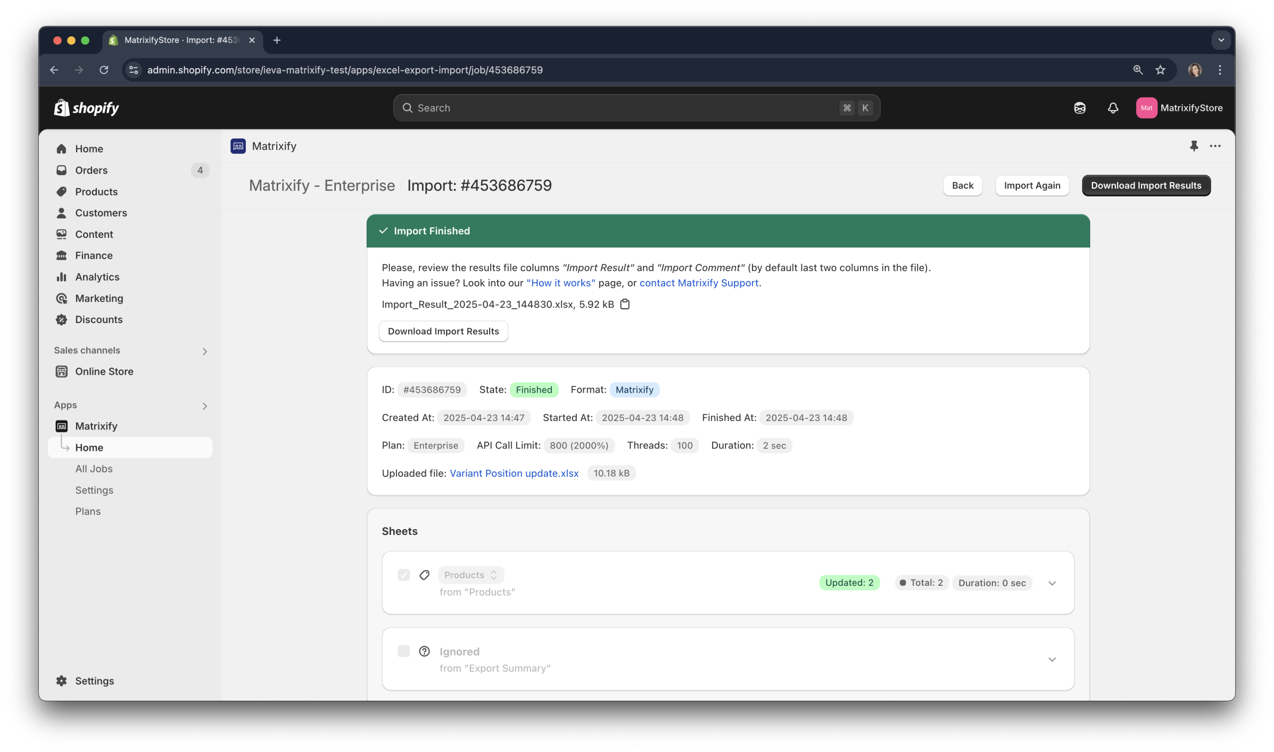 Completed Import to update Variant Positions