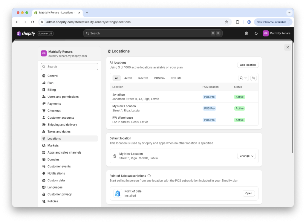 Shopify Inventory Locations Settings