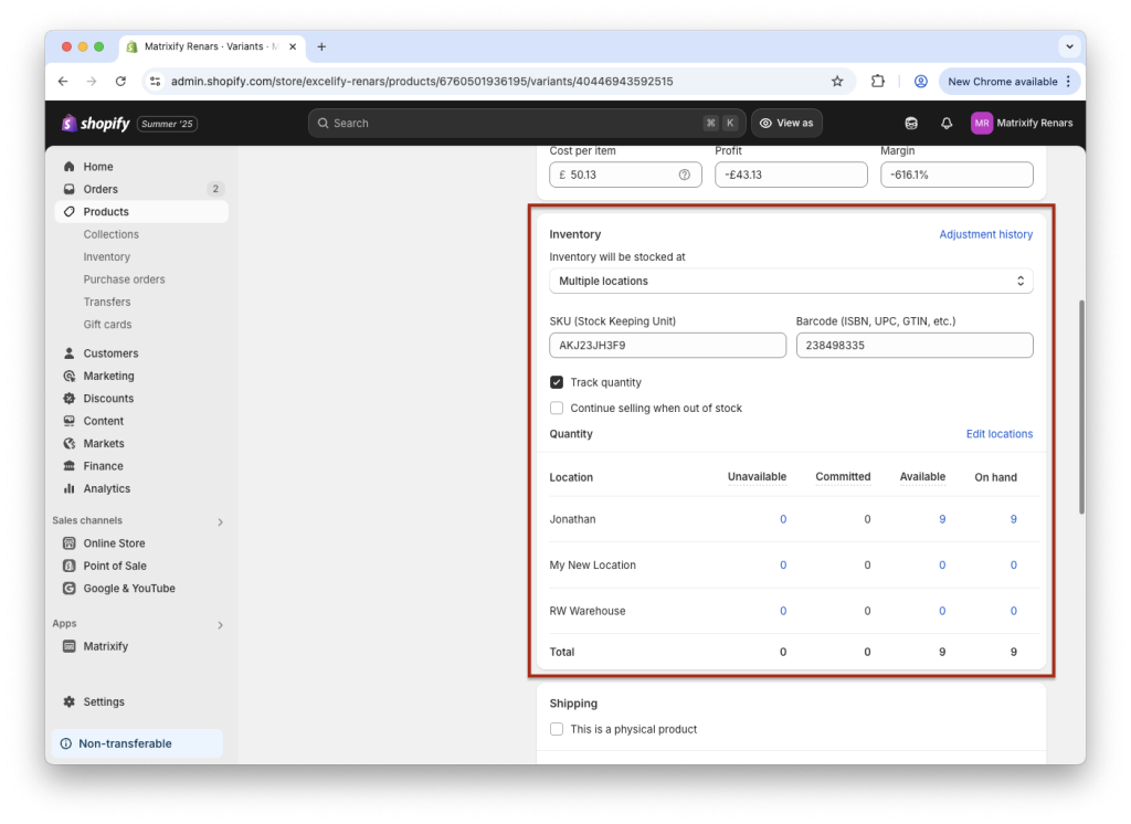 Shopify Product ivnentory multiple locations and types