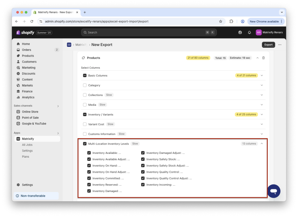 Matrixify app Export Shopify Multi Location Inventory levels all inventory types - available, on hand, commited