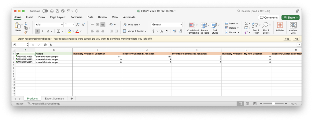 Matriixfy app exported inventory quantity values spreadsheet