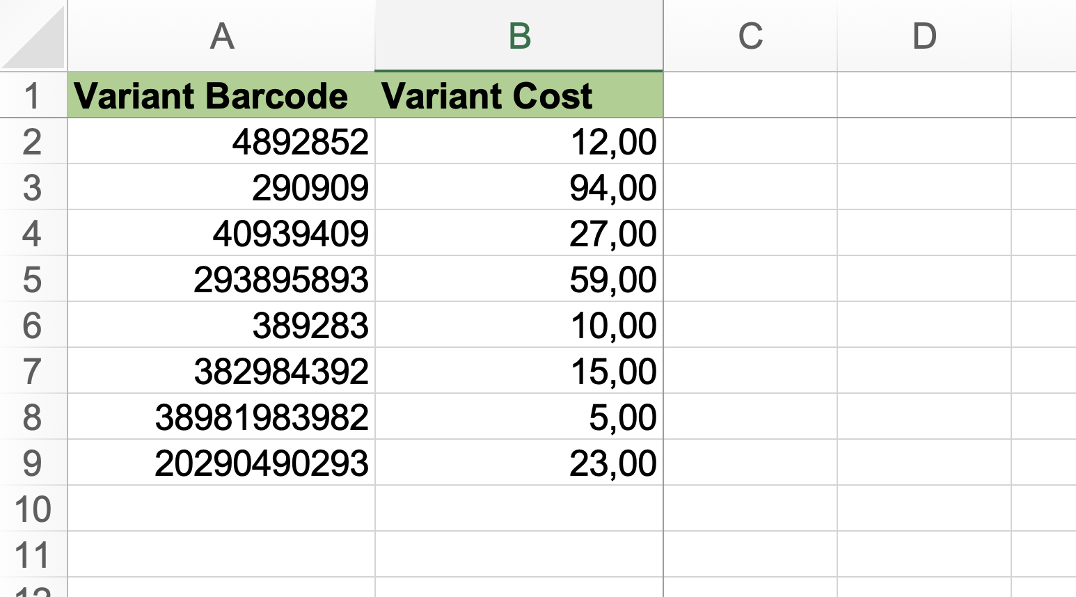 Update Cost by Barcode