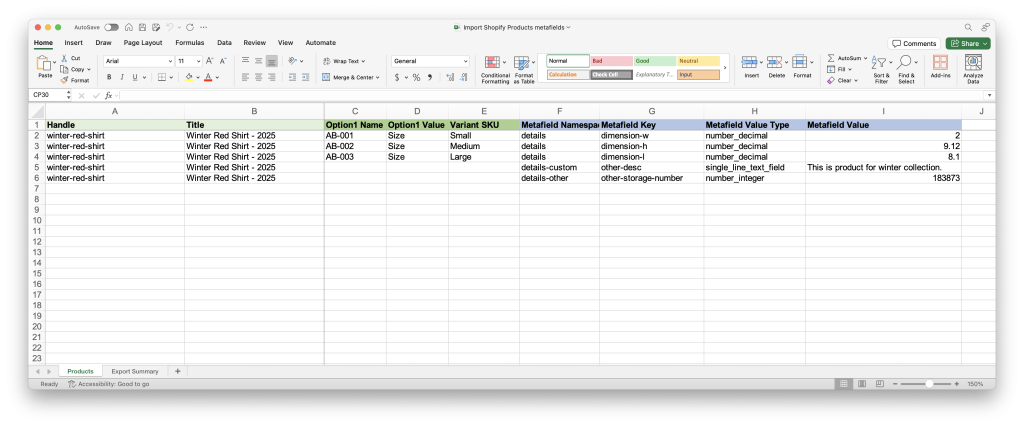Metafields by row - Transporter Shopify Matrixify Excel XLSX CSV