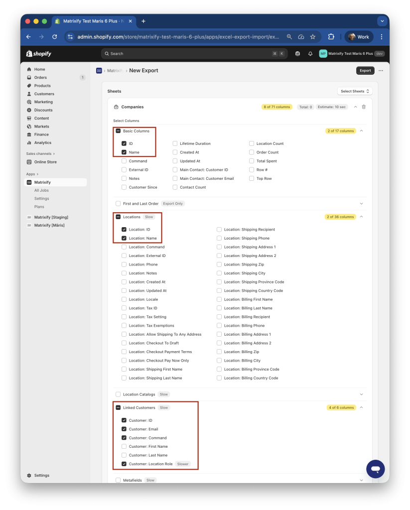 1. Export Shopify B2B Company data to Excel - basic columns and locations