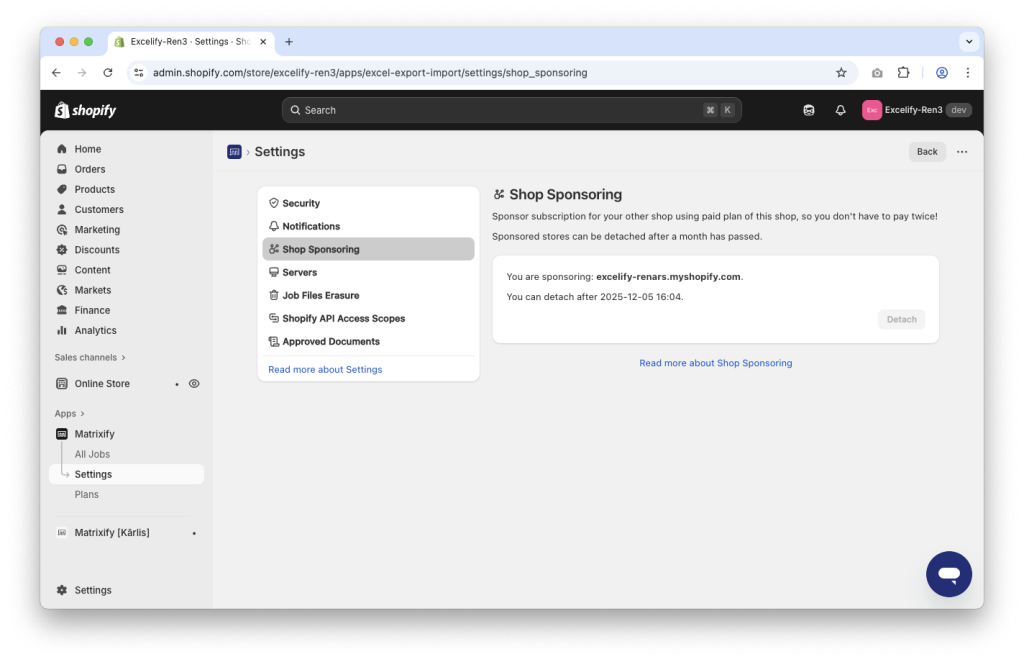 Linked Shopify stpore in the Matrixify app free sponsored plan