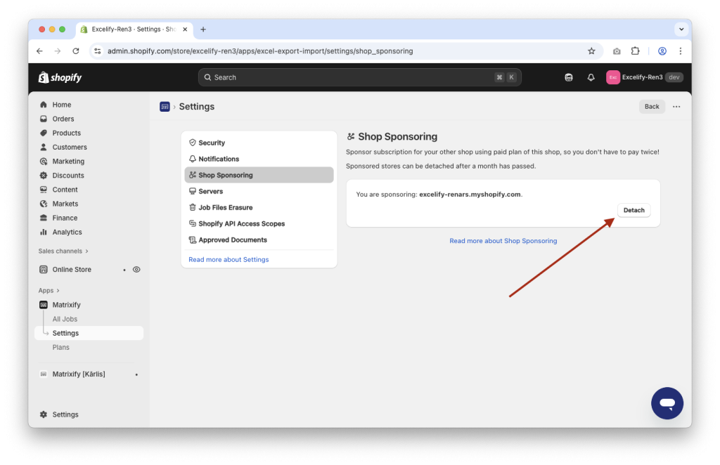 Detach linked store in Matrixify app in Shopify stores