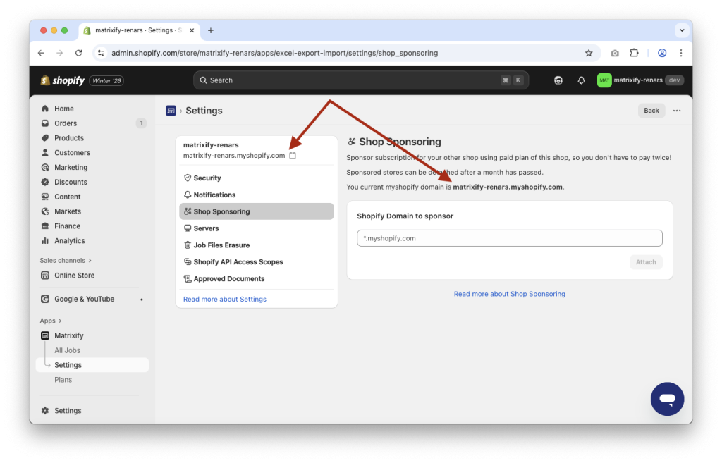 Location of the stores original myshopify domain in the Matrixify app