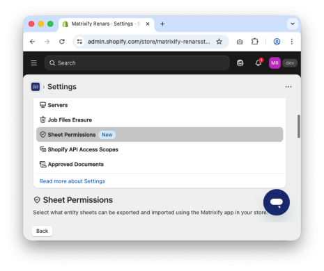 Matrixify app Settings - Export and Import Sheet Permissions
