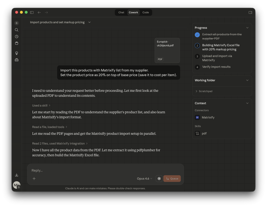 Shopify supplier bulk improt via Claude AI using Matrixify MCP