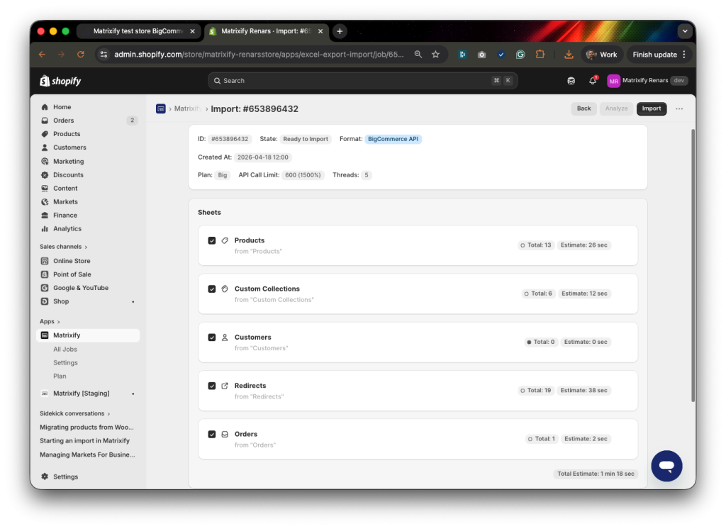 3. Migrate BigCommerce Products, Collections and Customers and Orders to Shopify Matrixify import