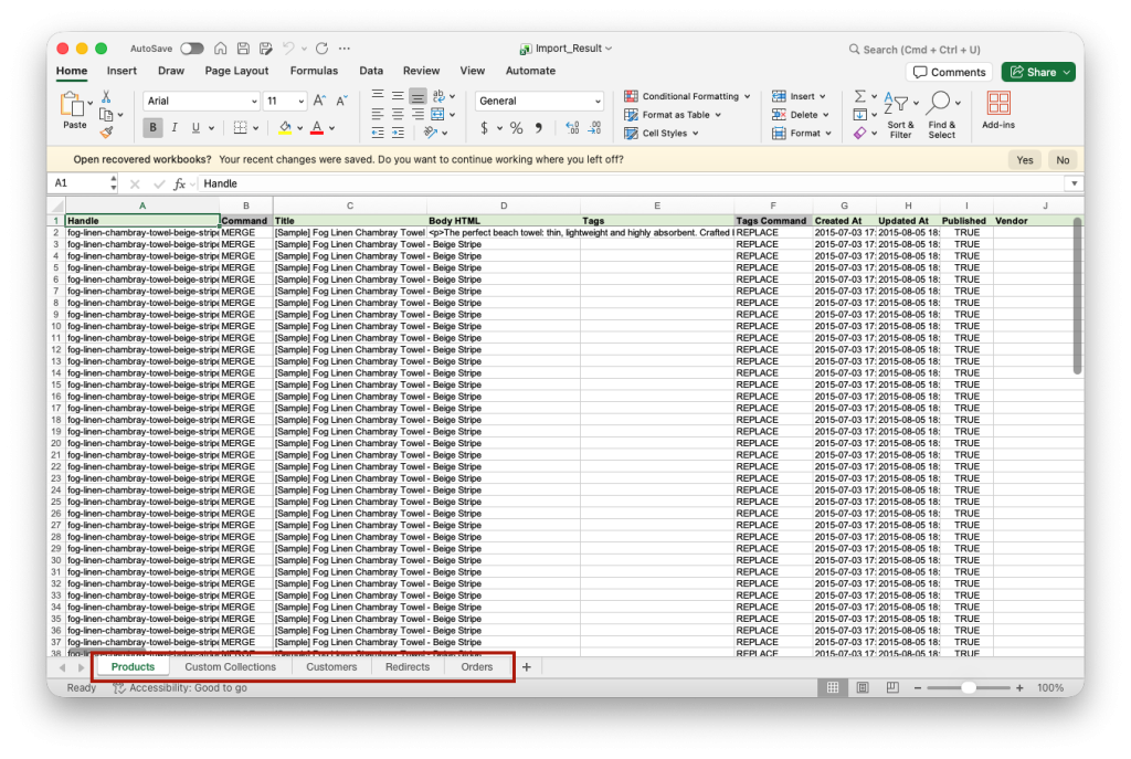 6. Matrixify BigCommerce to Shopify migration Results file spreadsheet