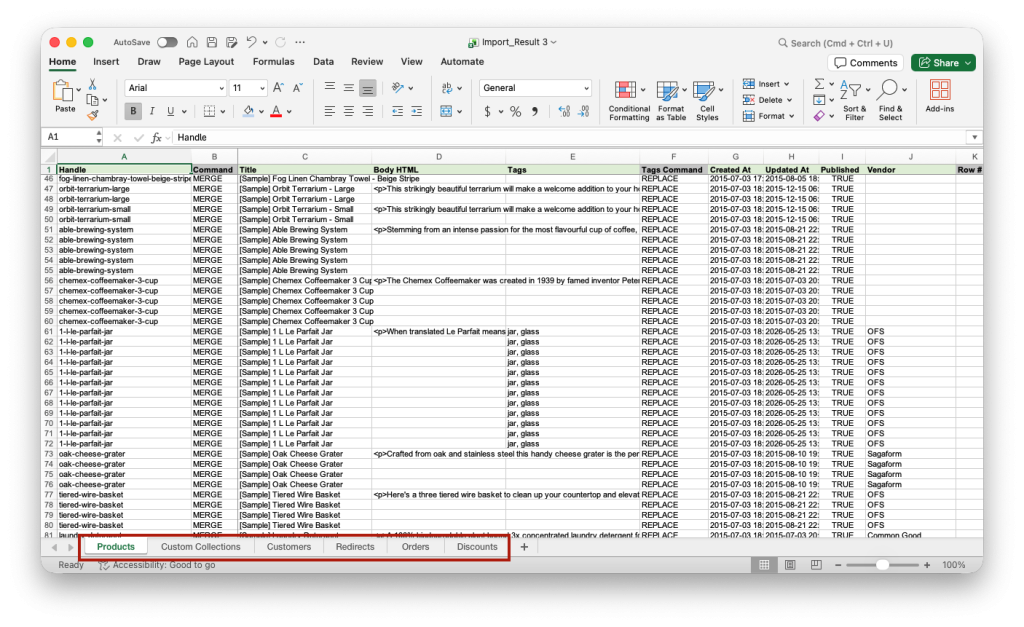 6. Matrixify BigCommerce to Shopify migration Results file spreadsheet