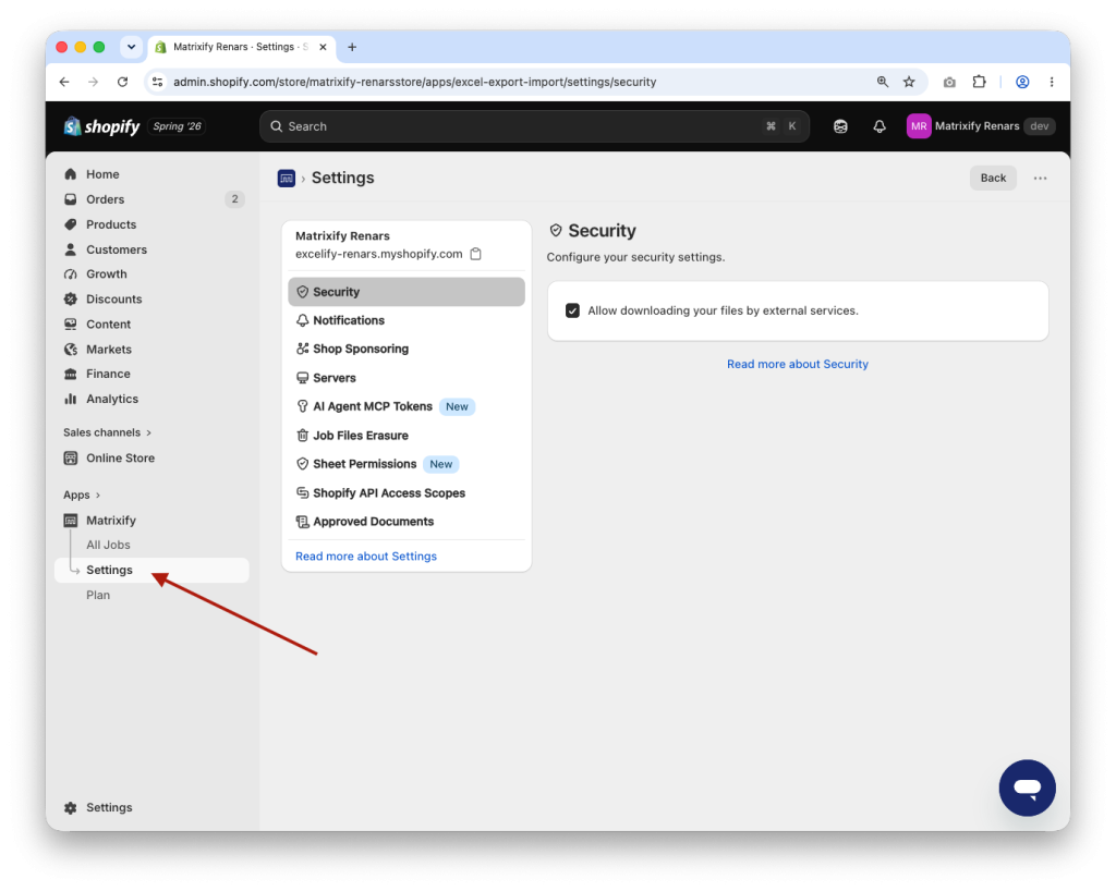 Matrixify app - bulk import export Shopify data migrate App Settings