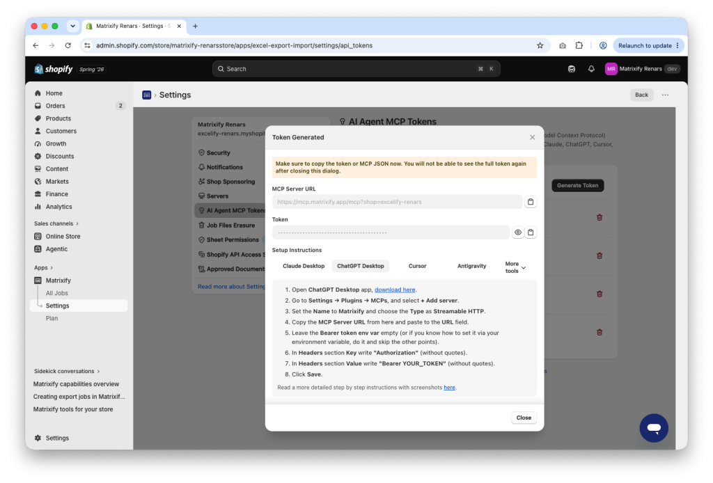 Matrixify MCP generated token for AI access to store data