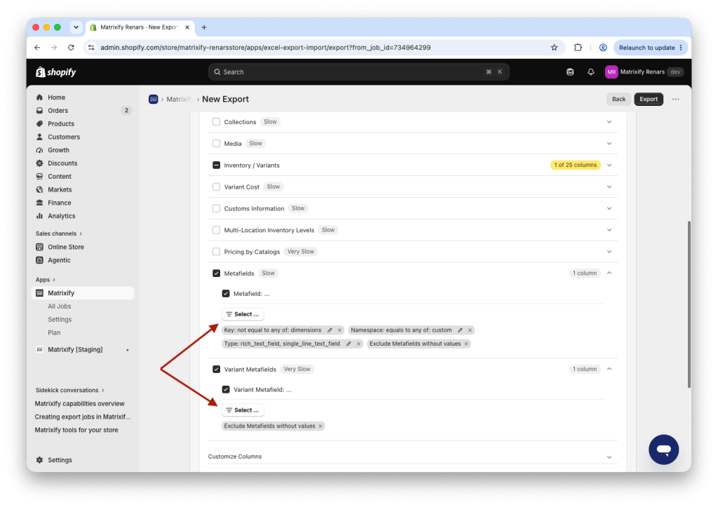 Export Shopify metafields with Matrixify Excel CSV select metafield columns