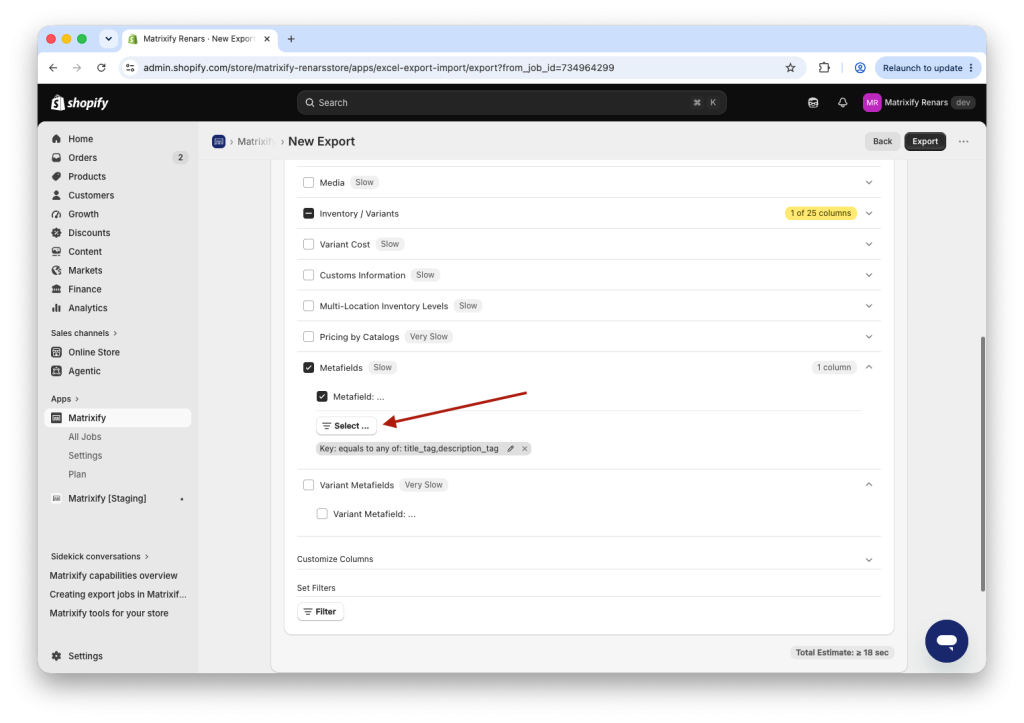 7. Apply Shopify export Metafield column selector to export specific Metafields only